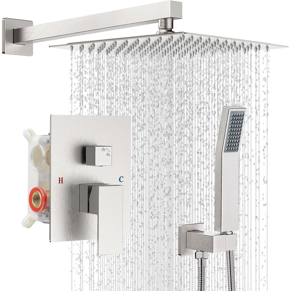 Shower Faucet Set with Head, Wall Mount 10 Inch Square Rainfall Head and Handle Single System Female Threads Valve Body Trim Included(Brush Nickel)
