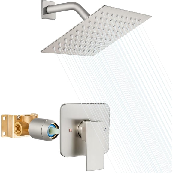 Shower Faucet Set with Valve, Rainfall Shower System, Wall-Mount Single-Handle Trim Kit, Fixed 8 Inch Square Shower Head, Brushed Nickel Finish