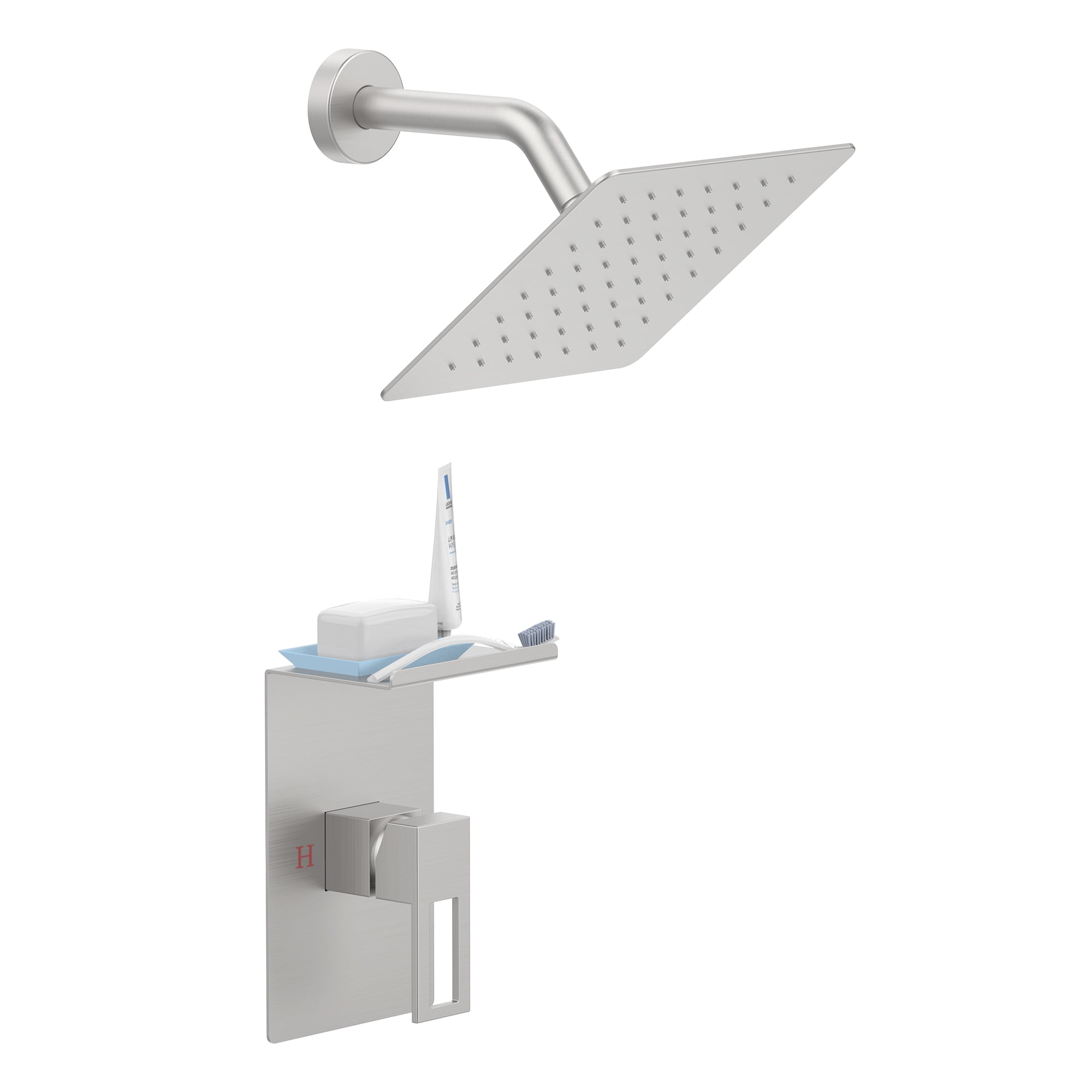 Shower Faucet With Storage Rack 8-inch Rain Shower Head Shower decoration kit with single spray shower head Shower Faucet Set Complete Brushed Nickel wi
