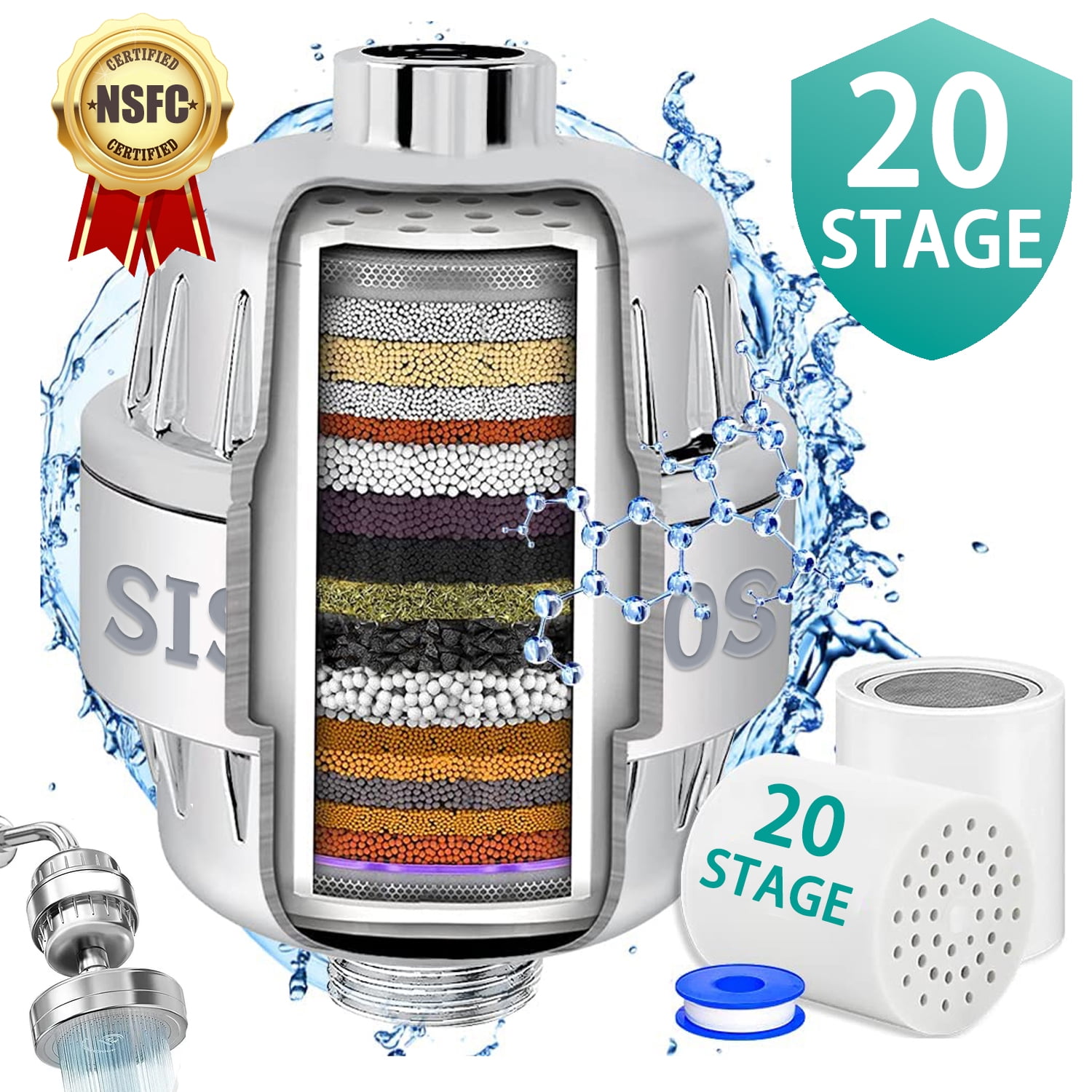 20 Stage Shower Head Filter with 2 Replaceable Cartridges - Reduces Dry ...