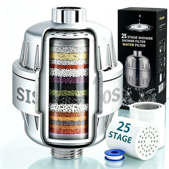 Shower Filter 25 Stage with 2 Replaceable Filter Cartridges - Universal Multi-Stage Shower Head Filter,Reduces Dry Skin