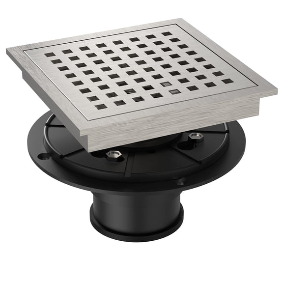 Shower Floor Drain Kit 6 Inch Square Matte Black Removable Grid Cover Hair Filter Adjustable Flange SUS 304 Stainless Steel CUPC Certified Modern Bathroom