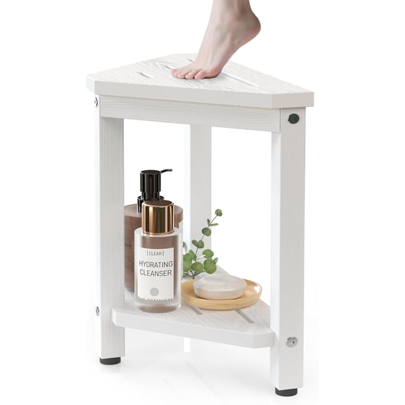 Shower Foot Rest 14in, HDPE Waterproof Shower Stool for Inside Shower, Corner Shower Stool for Shaving Legs with Storage Shelf, Shower Step Stool for Small Space, Plastic Corner Shower Bench, White