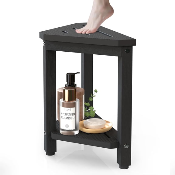 Shower Foot Rest 14in, HDPE Waterproof Shower Stool for Inside Shower, Corner Shower Stool for Shaving Legs with Storage Shelf, Shower Step Stool for Small Space, Plastic Corner Shower Bench, Black
