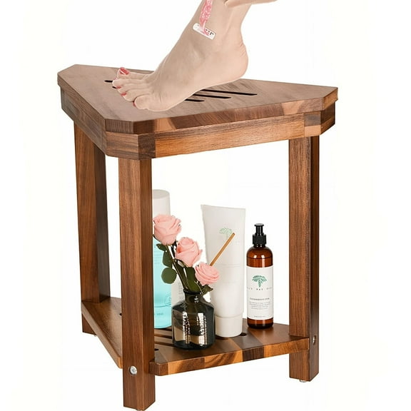 Shower Foot Rest 15 in, Acacia Shower Stool for Shaving Legs,Corner Bath Shower Bench with Starage Shelf for Inside Small Shower Spaces