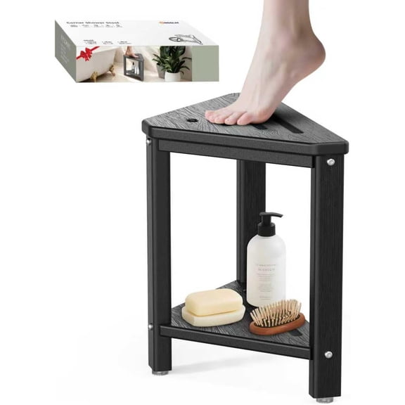 Shower Foot Rest 15in, HDPE Waterproof Shower Stool for Inside Shower, Corner Shower Stool for Shaving Legs with Storage Shelf for Small Space, Shower Step Stool, Plastic Corner Shower Bench, Black