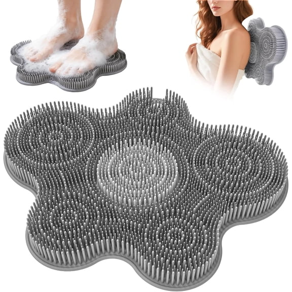 Shower Foot Scrubber Mat with Non-Slip Suction Cups, Foot Back Cleaning Pad Back Washer Exfoliating Bath Wash Pad, Non Slip Bathtub and Shower Mat with Suction Cups and Drain Holes (Gray)