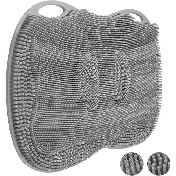 Shower Foot Scrubber Mat XL, Silicone Feet Toes Massage Cleaner -Upgraded Long Brush Pad Without Bending Non-Slip Suction Cups for Foot Bath Bathtub Exfoliate Smooth Skin 17.4x13 Grey