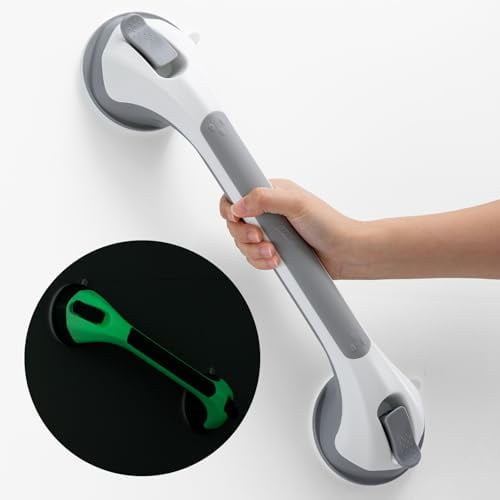 Shower Grab Bar Glow in The Dark,16.8 in Grab Bars for Bathtubs,Shower Handles Bath Rails for Seniors and Elderly,Bathroom Safety Grip Removable No Drilling Waterproof Grey