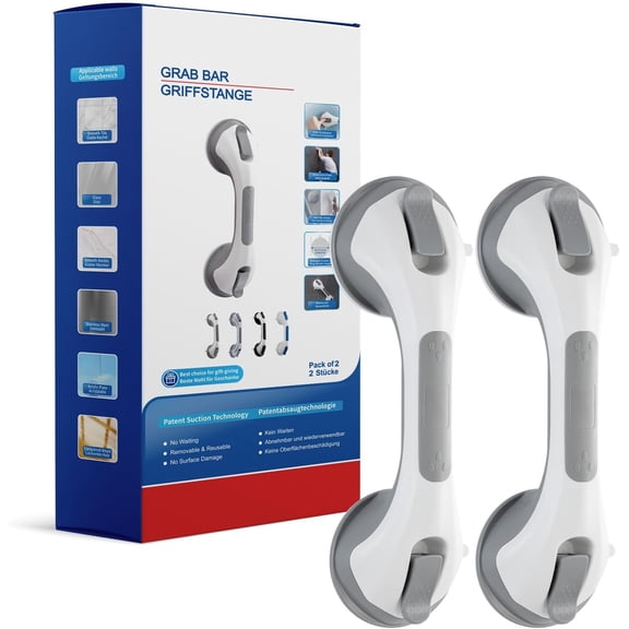 Shower Grab Bar Suction Cup 12 inch, 2 Pack Grab Bars for Bathtubs, Bathroom Safety Grip Shower Handle for and Seniors, Bath Handrails Removable No Drilling Grey