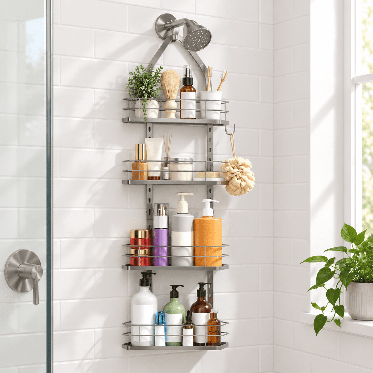Shower Hanging Adjustable Anti-swing-over The Head 4 Tier Height ...