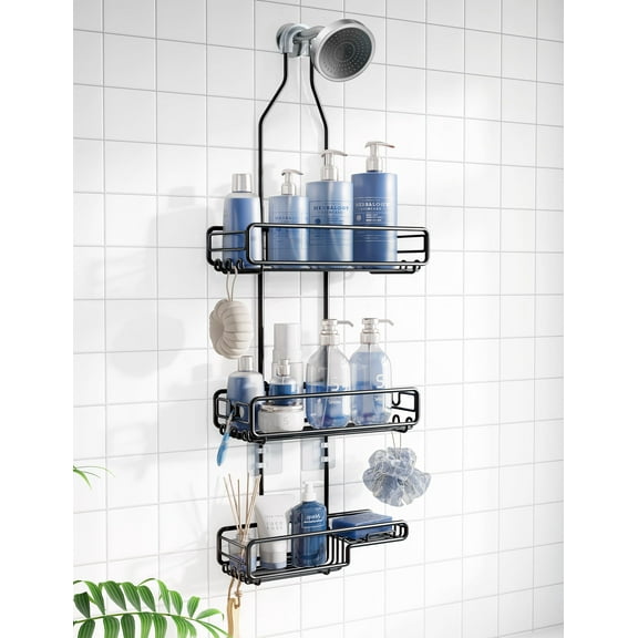 Shower Hanging Bathroom Organizer: Over Head Adjustable Rack For Tall Showerhead - Extra Large Storage Shelf Big Shampoo Bottles With Soap Holder