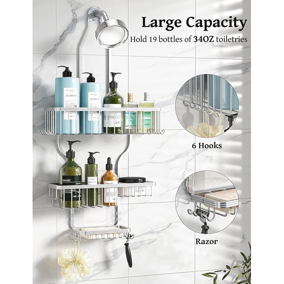 Shower Hanging - Never Rust Organizer Aluminum Over The Head With 10 Hooks For Razor/sponge Rack Soap Basket