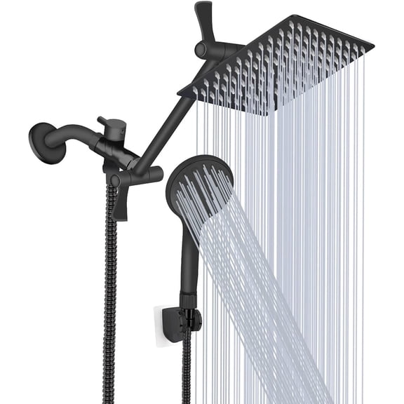 Shower Head 10 High Pressure Rainfall Shower Head/Handheld Shower Combo with 11'' Extension Arm, 9 Settings Anti-leak Head with Holder, Height/Angle Adjustable, Chrome, Matte Black
