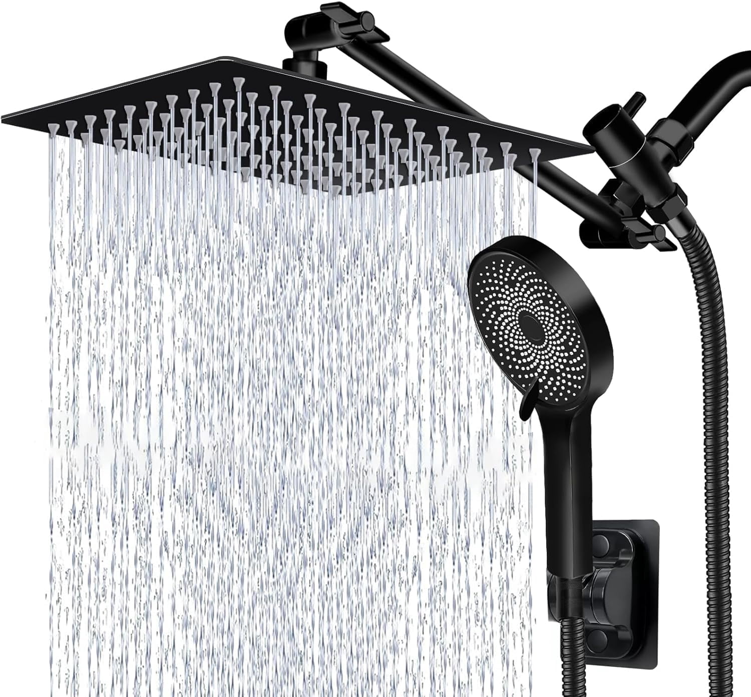 Shower Head 10 Inch High Rain With Handheld Spray Combo  Adjustable Dual Rainfall - Showerhead Comb Set Extension Arm 60 Long Hose(black)