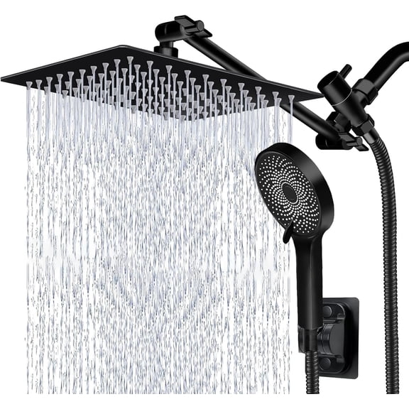 Shower Head 10 Inch High Rain With Handheld Spray Combo  Adjustable Dual Rainfall - Showerhead Comb Set Extension Arm 60 Long Hose(black)