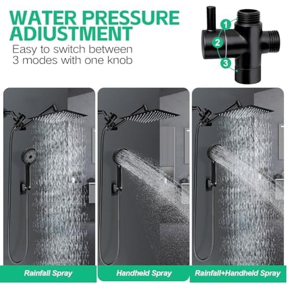 Shower Head,10”Rain Shower Head with Handheld Spray Combo and Adjustable Extension Arm/3-Way Flow Regulator/Shower System,High Pressure Rain Fall Hose,Matt Black