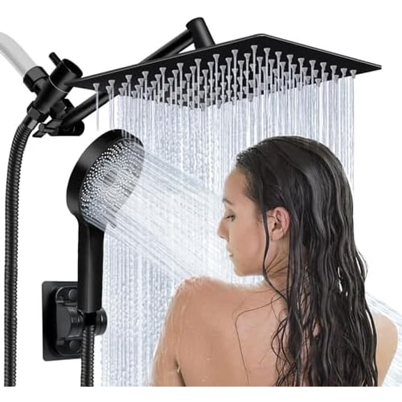 Shower Head,10”Rain Shower Head with Handheld Spray Combo and Adjustable Extension Arm/3-Way Flow Regulator/Shower System,High Pressure Rain Fall Hose,Matt Black