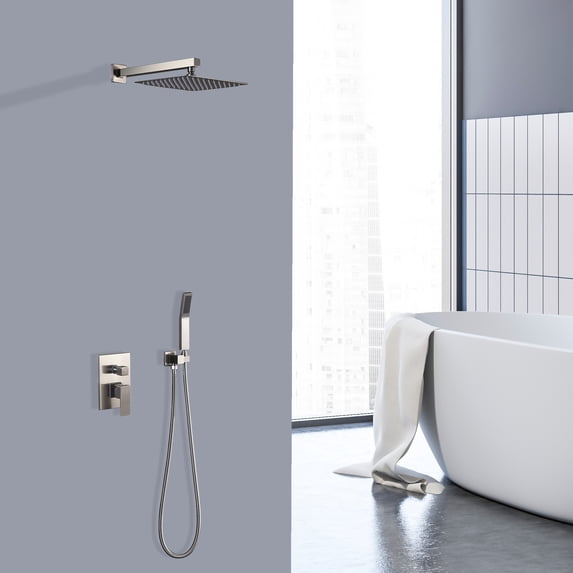 Shower Head, 10In High Pressure Square Rainfall Shower Head+Handheld Showerhead Combo with 59in Hose, Flow Regulator, Ceramic valve, Wall Mounted Shower Faucet Set for Bathroom, Nickel-Stainless steel