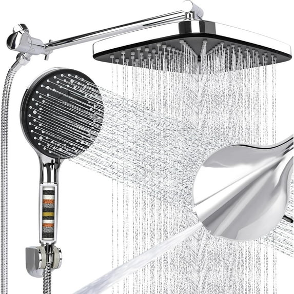 Shower Head 12'' High Pressure Rain Shower Head Combo, Filtered Handheld with 10 Water Spray, 3-Way Diverter Extension Arm Rainfall Showerhead, Adjustable Shower head with Anti-Clog Nozzles