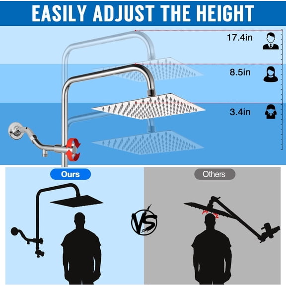Shower Head 12" Rain Shower Heads with Handheld Spray Adjustable Extension Arm with Low Diverter, Filtered Rainfall Shower Head High Pressure 10 Setting Hand Held Built-in Power Wash + 79" Hose