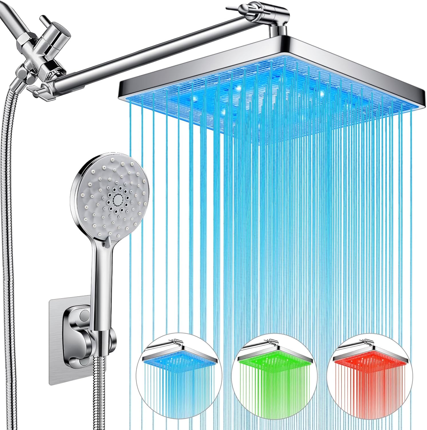 Shower Head, 8'' Dual Rain Shower Head with 11'' Adjustable Extension Arm, 7-Setting High-Pressure Handheld Combo, Rainfall LED Shower Head Water Temperature Controlled Color Changing,Chrome