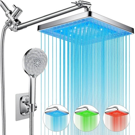 Shower Head, 8'' Dual Rain Shower Head with 11'' Adjustable Extension Arm, 7-Setting High-Pressure Handheld Combo, Rainfall LED Shower Head Water Temperature Controlled Color Changing,Chrome