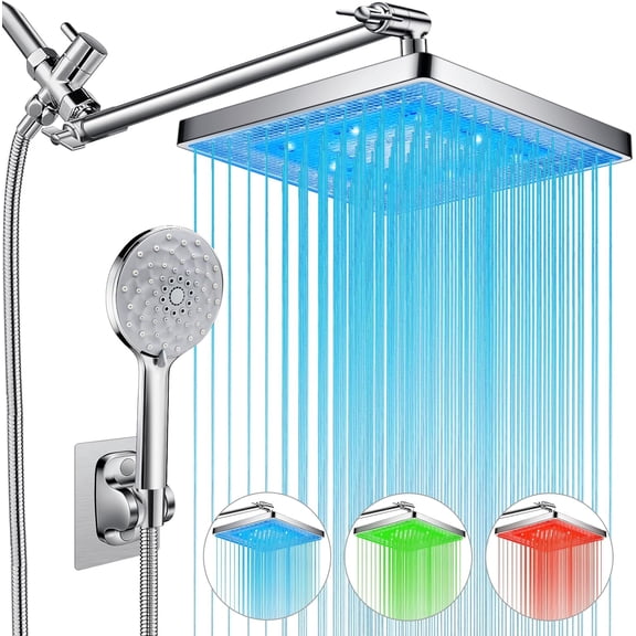 Shower Head, 8'' Dual Rain Head with 11'' Adjustable Extension Arm, 7-Setting High-Pressure Handheld Combo, Rainfall LED Water Temperature Controlled Color Changing,Chrome