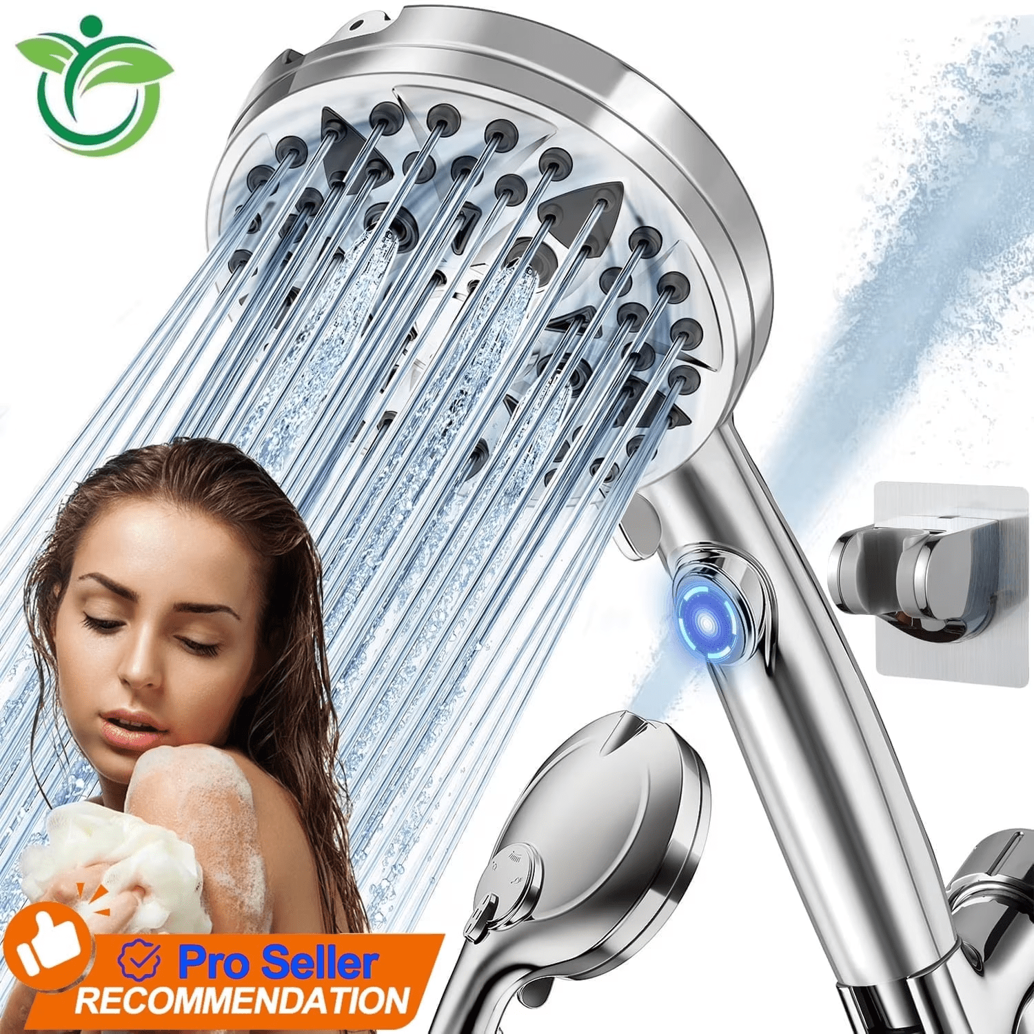 High Pressure Handheld Shower Head, 4.8" Large Panel Rain Shower Head with 9 Spray Modes, One-Touch Pause Button, Long Hose and Adjustable Bracket for Bathroom Cleaning and Pet Bath
