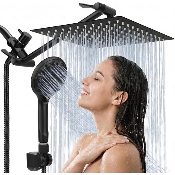 Shower Head 8 High Pressure Rainfall Head/Handheld Combo with 11'' Extension Arm 9 Settings Anti-leak Head Holder Height/Angle Adjustable Matte Black