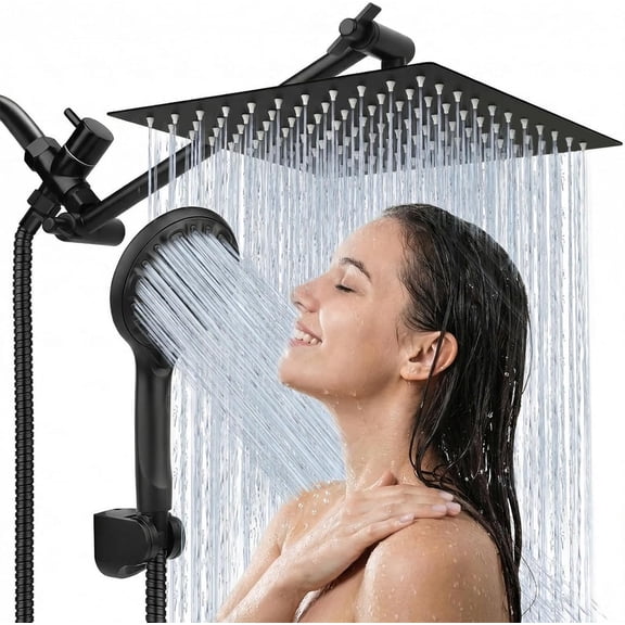 Shower Head, 8 High Pressure Rainfall Head/Handheld Combo with 11'' Extension Arm, 9 Settings Anti-leak Head Holder, Height/Angle Adjustable, Matte Black