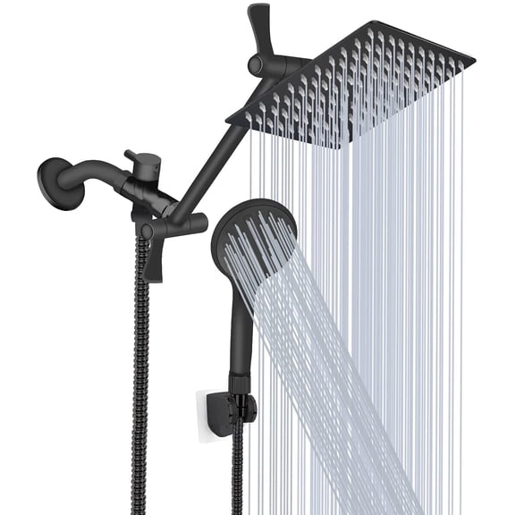 Shower Head, 8 High Pressure Rainfall Shower Head/Handheld Shower Combo with 11'' Extension Arm, 9 Settings Anti-leak Shower Head with Holder, Height/Angle Adjustable, Matte Black