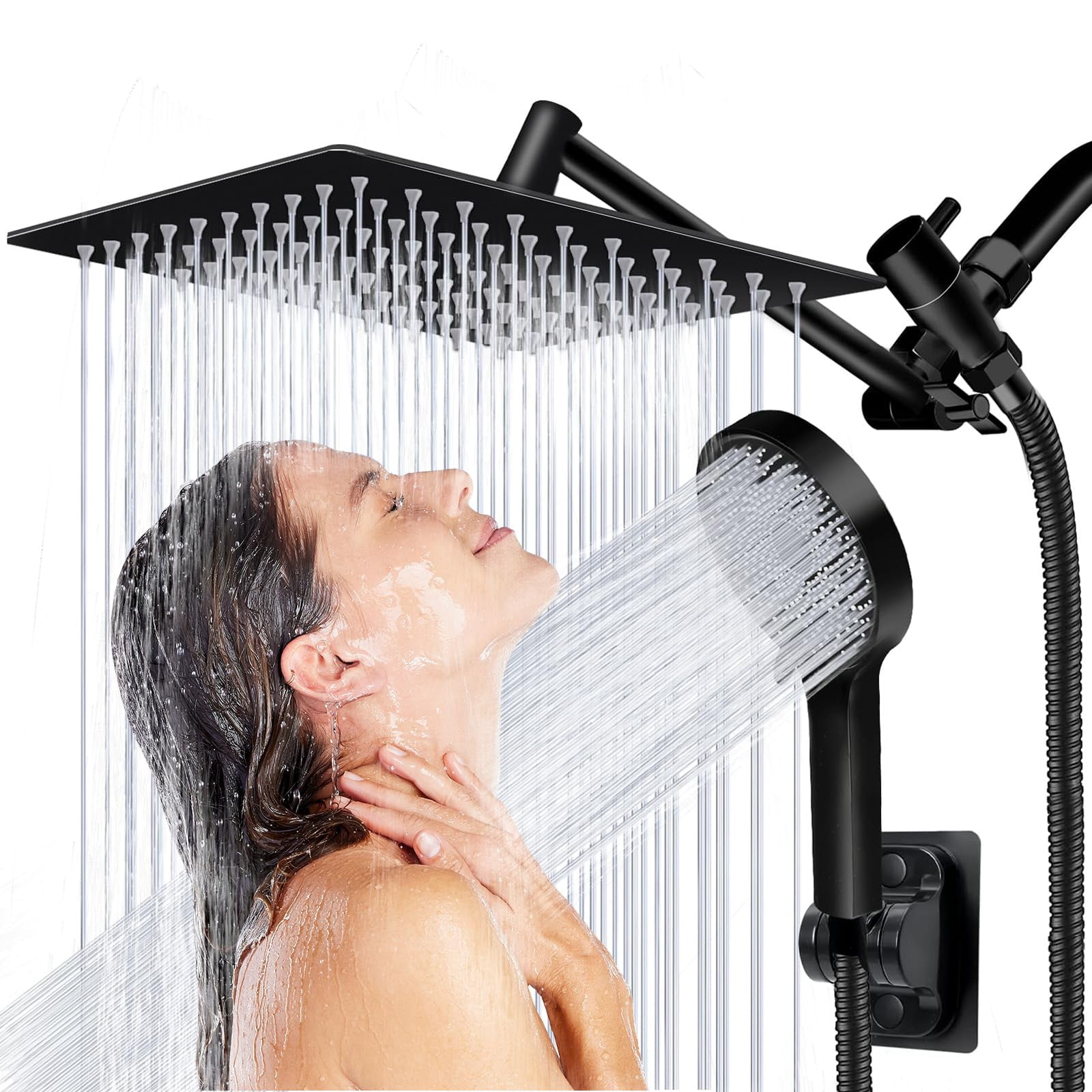 Shower Head  8 Inch Multifunction High Rain With Handheld Spray Combo 11'' Angle Adjustable Extension Arm/flow Regulator/shower System Matte Black