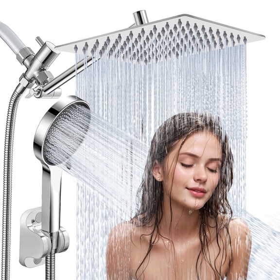 Shower Head,8"Rain Shower Head with Handheld Spray Combo with 11'' Angle Adjustable Extension Arm/Flow Regulator/Shower System,High Pressure Rainfall Shower Head Clean Bathroom(Silver)