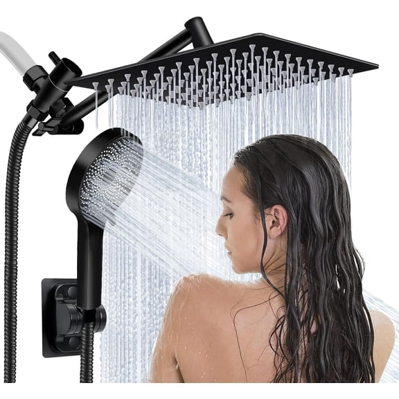 Shower Head,8”Rain Head with Handheld Spray Combo and Adjustable Extension Arm/3-Way Flow Regulator/Shower System,High Pressure Rain Fall Hose,Matt Black