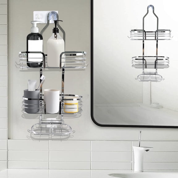 Over Shower Head Caddy, Stainless Steel 3 Tier Organizer with Soap Holder & Hooks, Adjustable Bathroom Storage Rack for Shampoo Towels Sponge, No Tools Needed