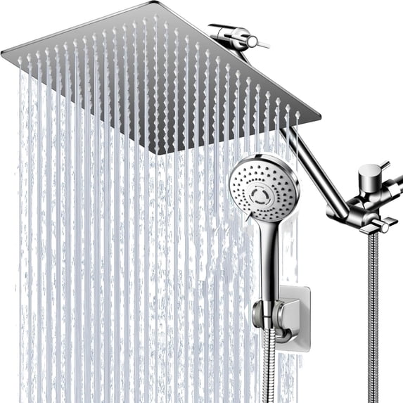 Shower Head Combo,12 Inch High Pressure Rain Shower Head with 11 Inch Adjustable Extension Arm and 5 Settings Handheld Shower Head Combo,Powerful Shower Spray Against Low Pressure Water with Long Hose