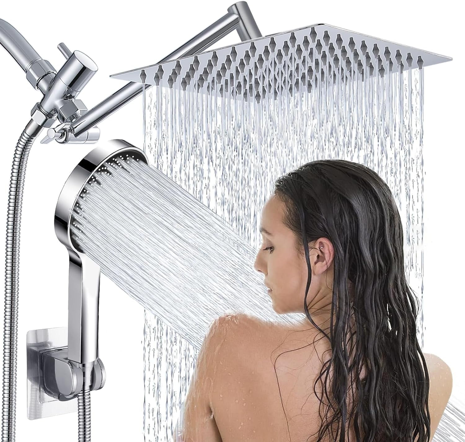 Shower Head Combo,13 Inch High Pressure Rain Shower Head with Adjustable Arm and 3 Settings Handheld ,Powerful Shower Spray Against Low Pressure Water with Long Hose