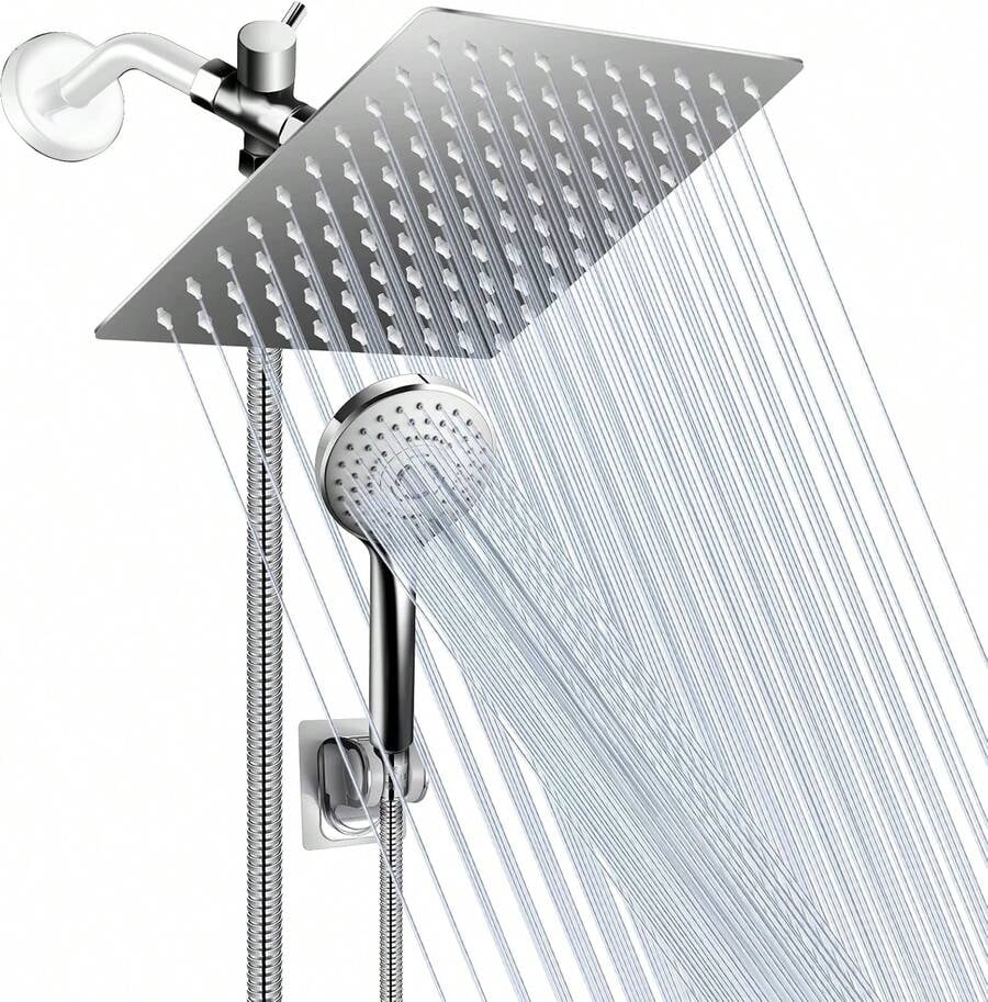 Shower Head Combo,8/10/12" Rain Square Shower Head  With 9 Inch Adjustable Extension Arm And 3 Settings Handheld Spray,150cm Long Hose