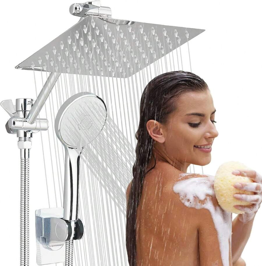 Shower Head Combo,8/10/12" Rain Square Shower Head  With 9 Inch Adjustable Extension Arm And 3 Settings Handheld Spray,150cm Long Hose