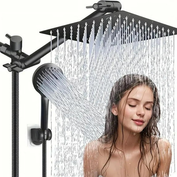 Shower Head Combo,8 Inch High Pressure Rain Shower Head with 11 Inch Adjustable Extension Arm and 3 Settings Handheld Shower Head Combo with Long Hose