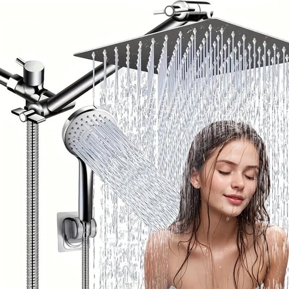 Shower Head Combo,8 Inch High Pressure Rain Shower Head with 11 Inch Adjustable Extension Arm and 3 Settings Handheld Shower Head Combo with Long Hose