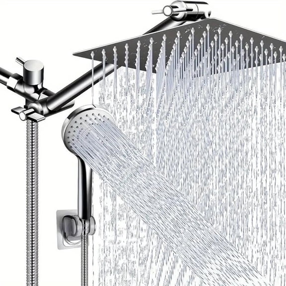 Shower Head Combo,8 Inch High Pressure Rain Shower Head with 11 Inch Adjustable Extension Arm and 3 Settings Handheld Shower Head Combo with Long Hose