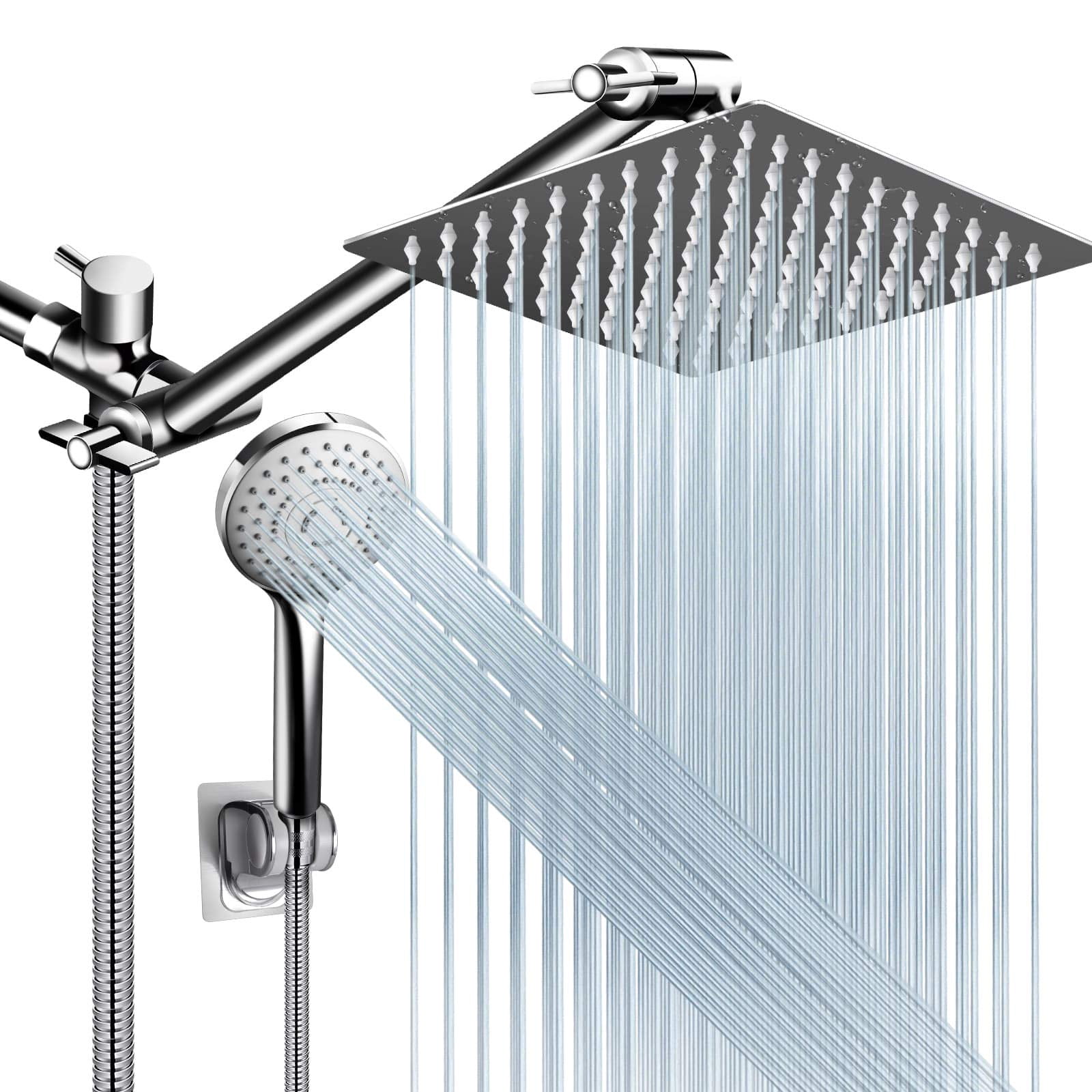 Shower Head Combo 8 Inch High Rain With 11 Adjustable Extension Arm And 5 Settings Handheld Spray Against Low Water Long Hose