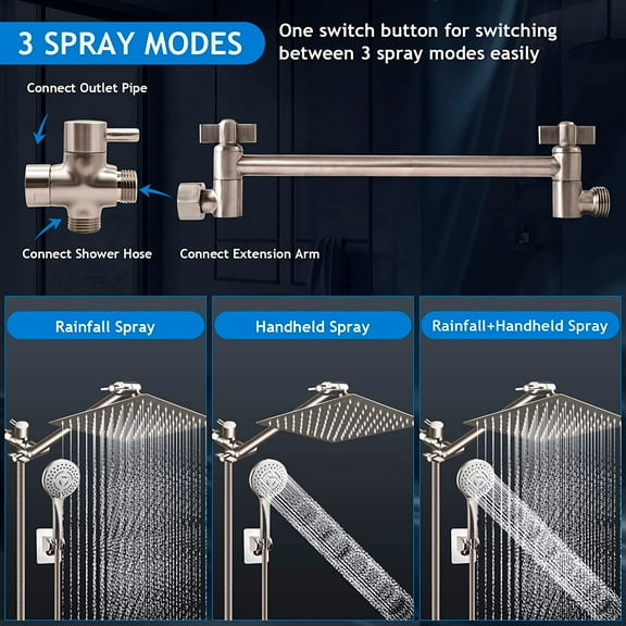 Shower Head Combo (Brushed Nickel), 10'' High Pressure Rain Shower Head with 11'' Adjustable Extension Arm and 5 Settings Handheld, Powerful Shower Spray Against Low Pressure Water