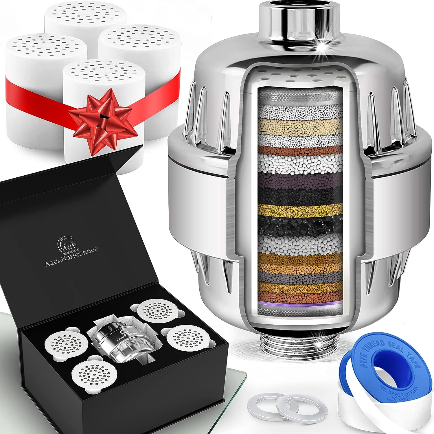 Shower Head Filter for Hard Water - 20 Stage - 5 Replacement Cartridges - High Output Water Softener to Remove Chlorine and Fluoride - Soft Water Filtered with Vitamin C E - Purifying Softening Aqua