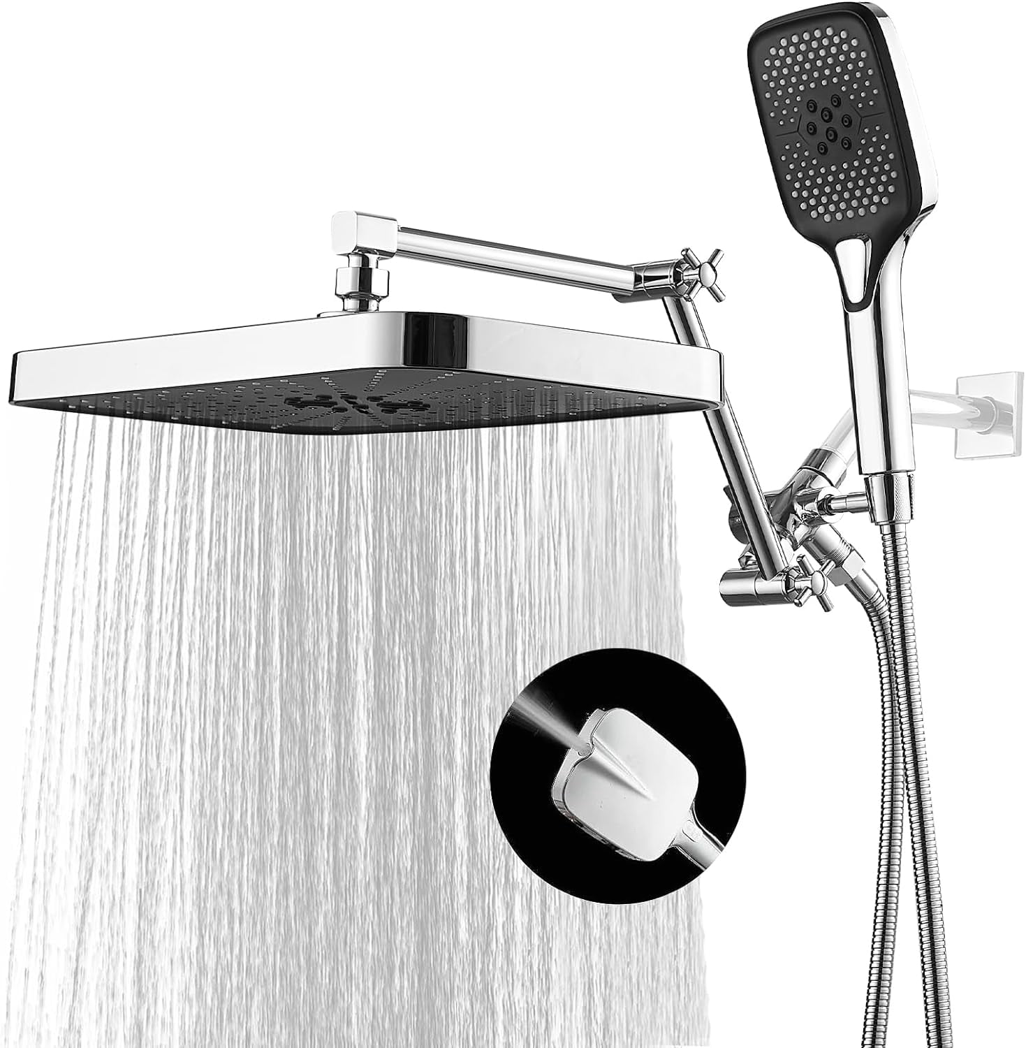 Shower Head with Handheld, Dual Shower Head with Extention Arm, High Pressure Rain Shower Heads, Rainfall Waterfall Showerhead with 3-Way Diverter - Height/Angle Adjustable
