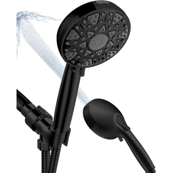Shower Head With Handheld High Pressure 7 modes, Built-in Power Wash to Clear Tub, Tile, 5" High Powerful Hand Held Rain Showerhead with Stainless Steel Hose and Adjustable Bracket (Matte Black)