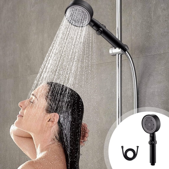High-Pressure Handheld Shower Head, Black ABS 8 Spray Modes for Hard Water and Low Pressure, One-Hand , Easy Install with Water Pipe for Home or Gym