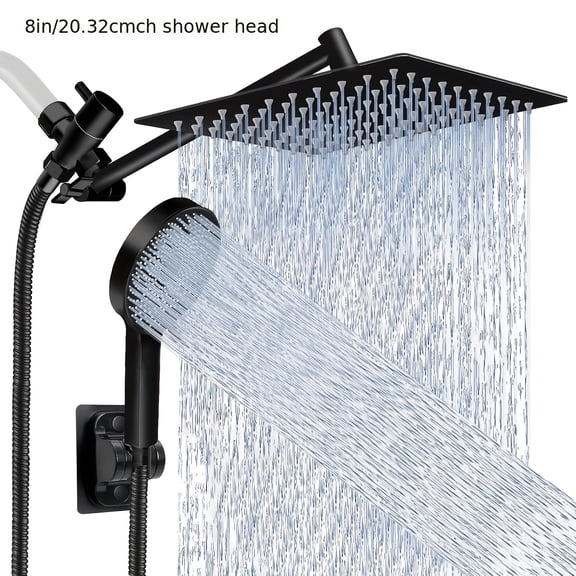 Shower Head, High Pressure Rain/Hand Shower Combination with 11 Extended Arm, 9 Settings, Leak Proof Shower Head with Stand, Height/Angle Adjustable, Chrome Plated, Matte Black